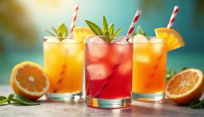 Colorful summer cocktails with ice and fresh fruit garnishes on a bright backdrop
