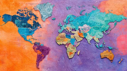 A colorful world map showcasing continents with vibrant colors and artistic details on a textured background.