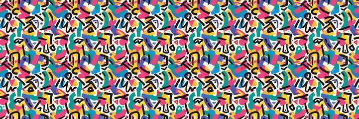 Obraz premium Seamless pattern with geometric shapes in the style. Multicolored vintage background with triangles, circles and squares for textile, fabric and Sudanese fabric art. 