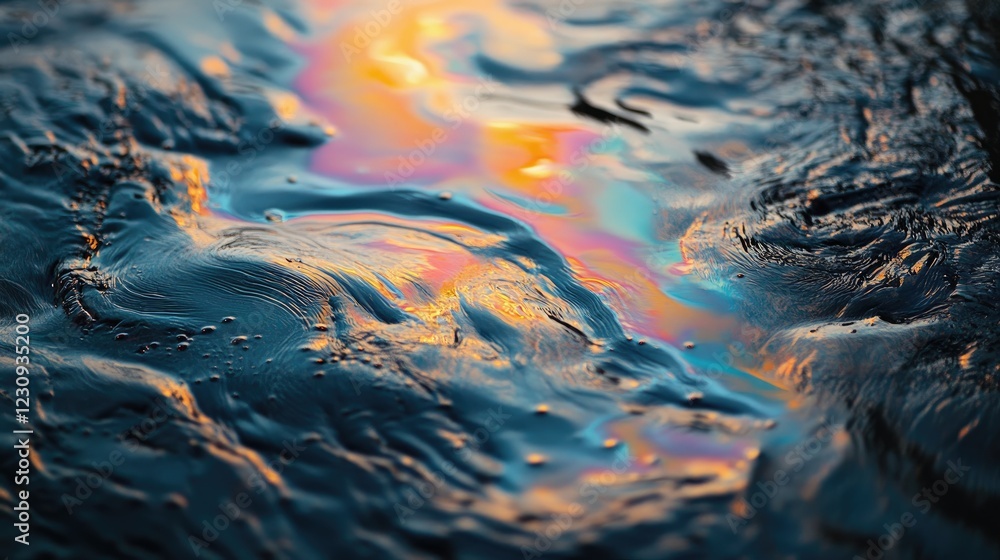Poster macro photography of oil droplets on water, creating colorful, shimmering patterns and abstract text