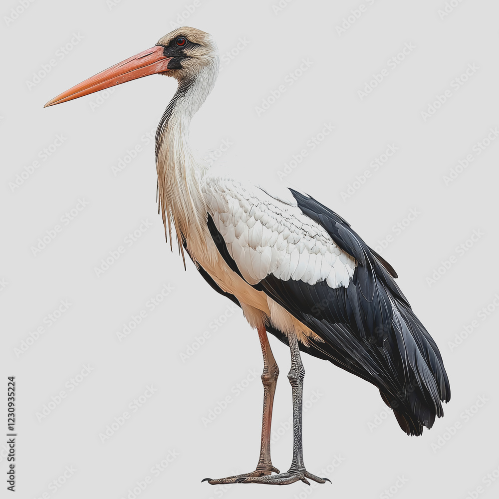 Poster bird with long beak standing on a smooth white surface in a natural pose showcasing its features and