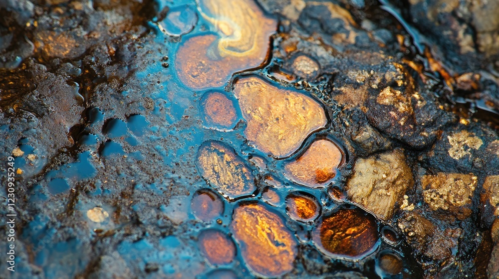 Poster macro photography of oil droplets on water, creating colorful, shimmering patterns and abstract text