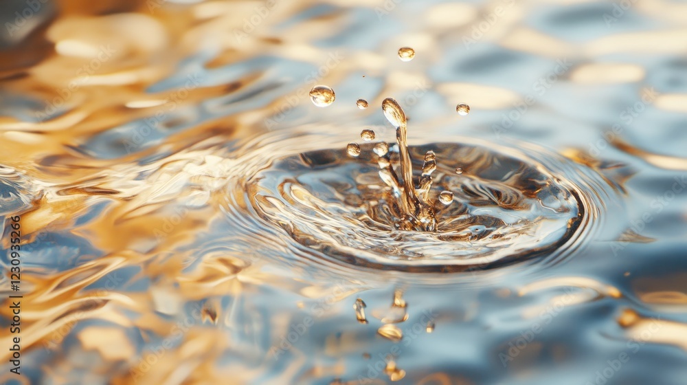 Poster macro photography of oil droplets on water, creating colorful, shimmering patterns and abstract text