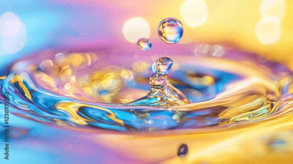 Poster macro shot of colorful oil and water blending, creating shimmering abstract patterns and bold visual