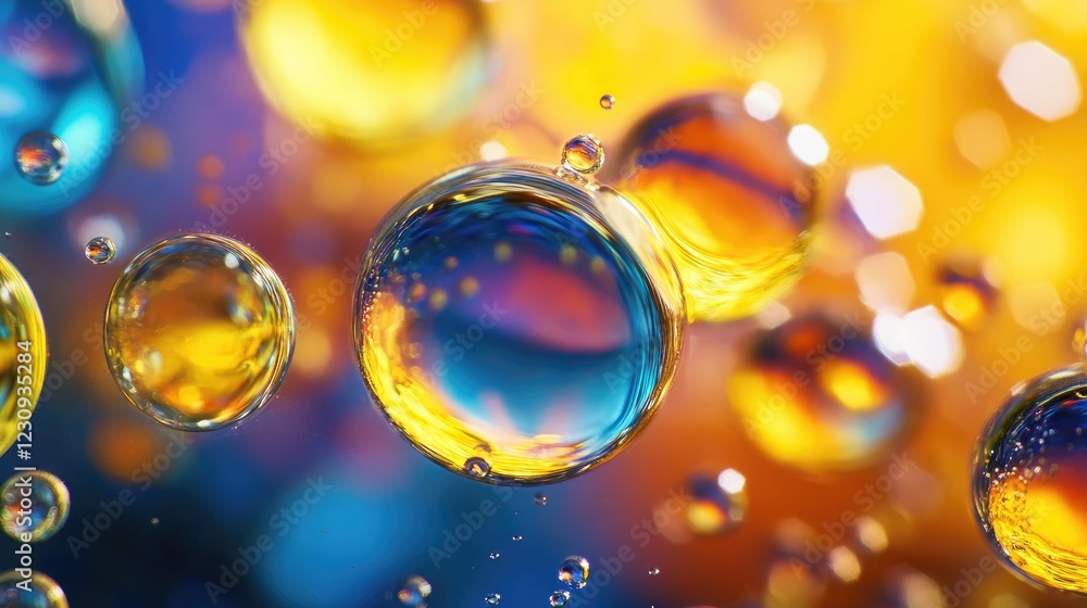 Poster macro shot of colorful oil and water blending, creating shimmering abstract patterns and bold visual