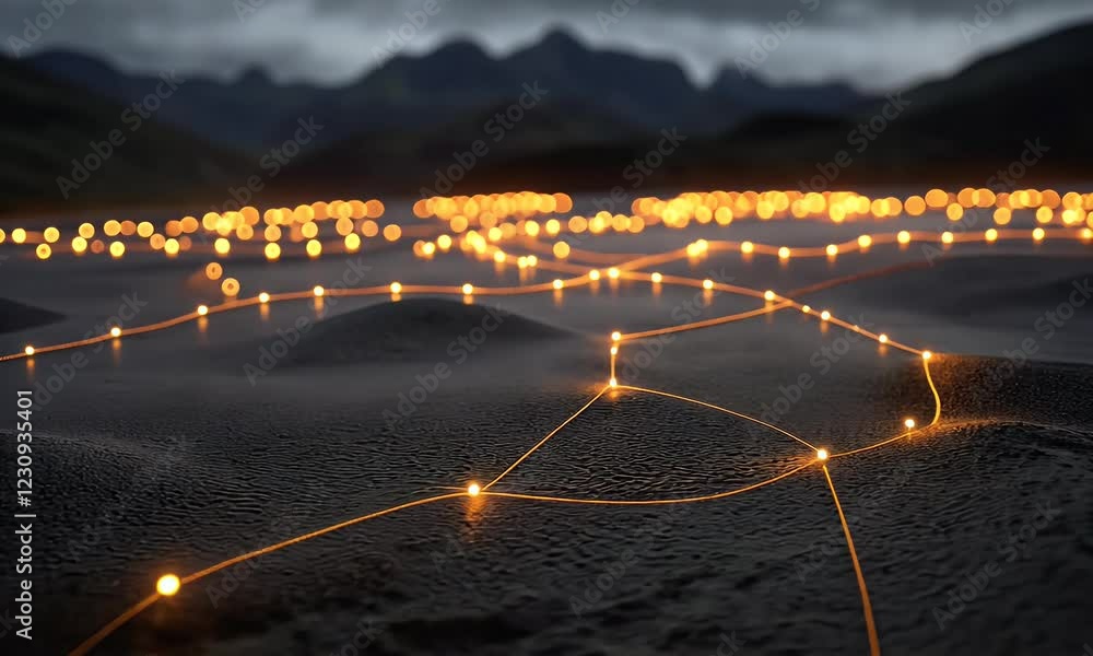 Poster illuminated network across desert landscape at dusk