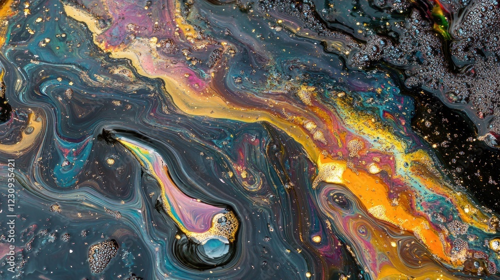 Poster macro shot of shimmering oil droplets on water, forming colorful and intricate abstract patterns