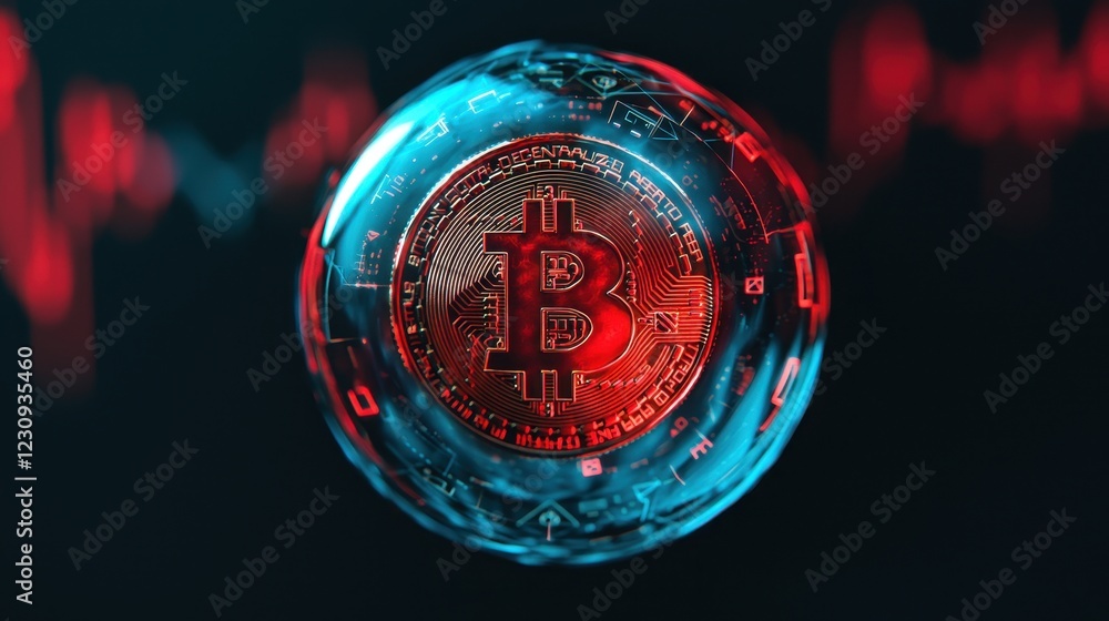 Aufkleber a glowing bitcoin symbol encapsulated in a translucent sphere, set against a backdrop of fluctuating