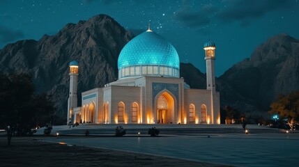 Naklejka premium Majestic Blue Dome Mosque Under Starry Night Sky Surrounded by Mountain Landscape