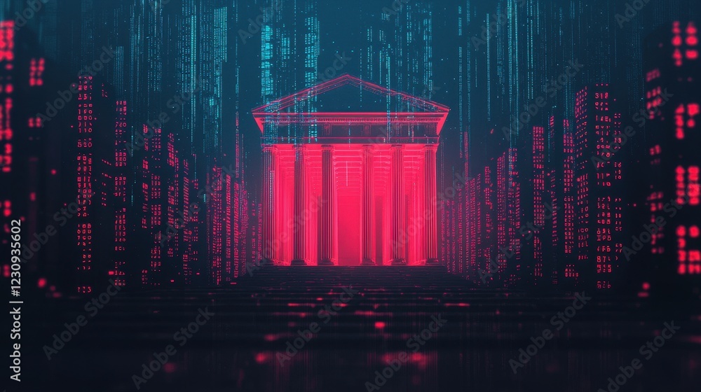 Poster a digital representation of a classical building surrounded by a matrix of glowing binary code, symb