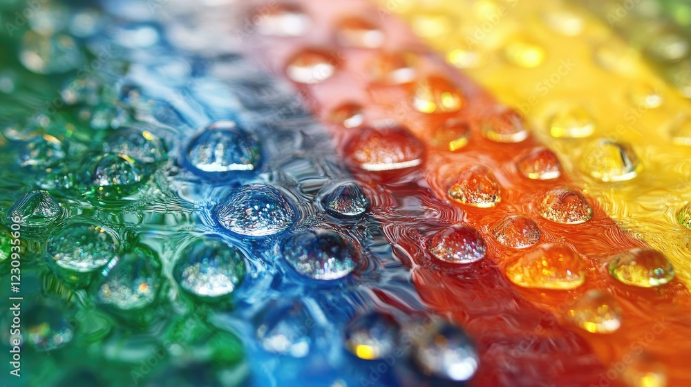 Poster a close-up of vibrant oil and water patterns shimmering with light, creating colorful abstract art