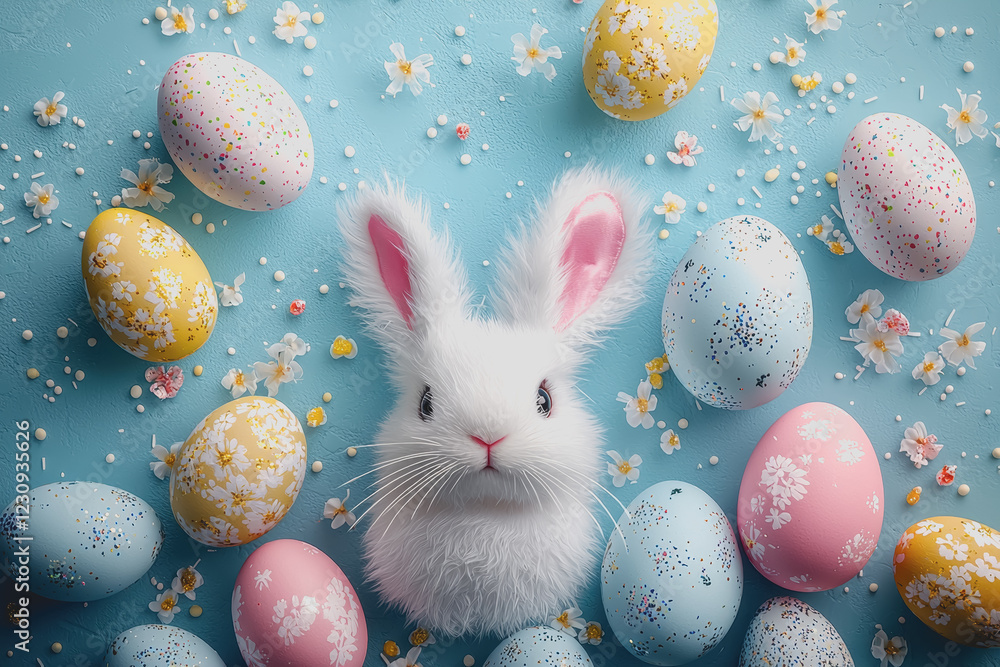 Aufkleber bunny surrounded by colorful easter eggs and candy in a spring setting with green grass and bright f