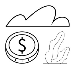 Cloud outline above dollar coin and abstract foliage. Ideal for cloud technology, finance, growth, nature, investments, sustainability, and abstract line flat metaphor
