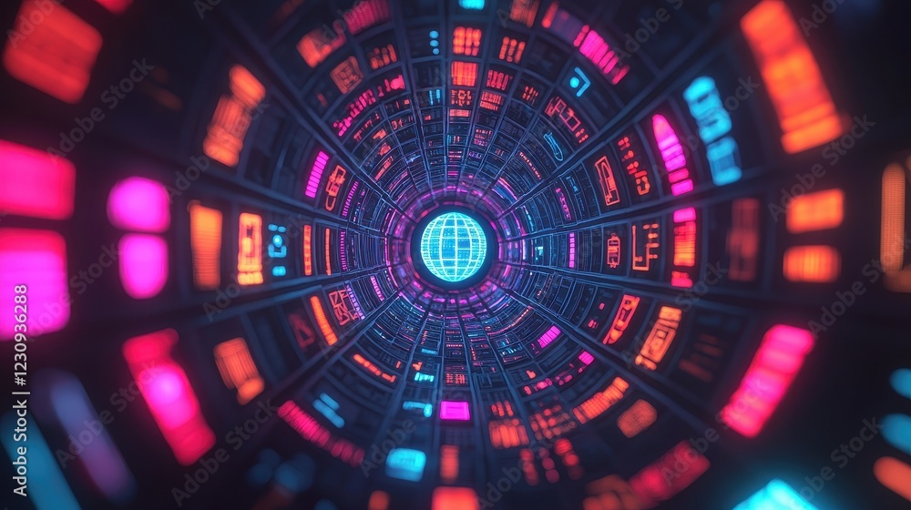 Poster a futuristic digital tunnel with vibrant neon colors, creating a sense of depth and technology.