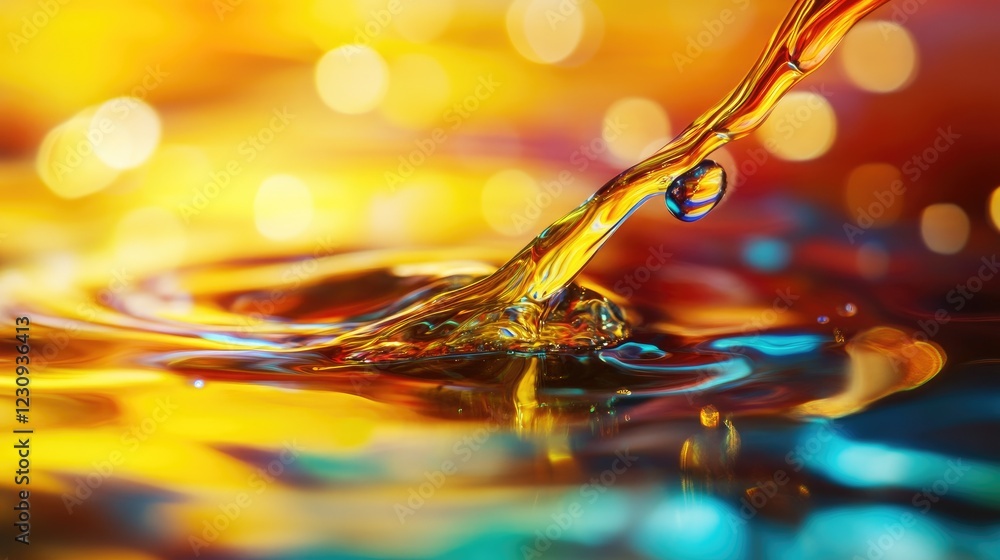 Poster abstract macro image of oil and water mixing, forming colorful shimmering patterns with intricate te
