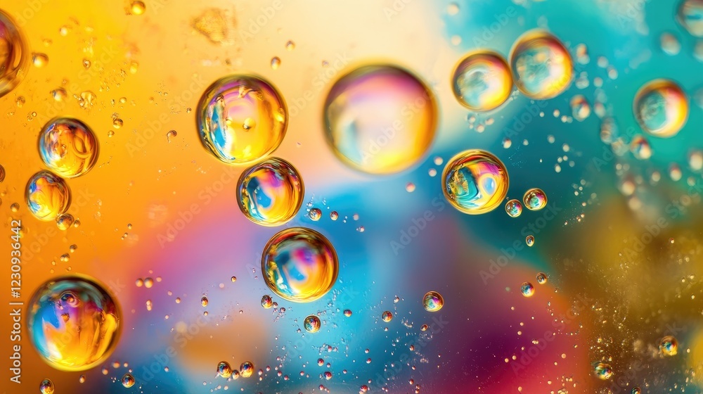 Poster abstract macro image of oil and water mixing, forming colorful shimmering patterns with intricate te