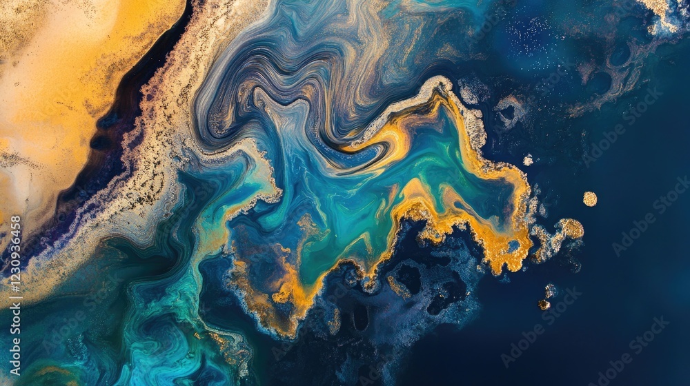 Poster abstract macro image of oil and water mixing, forming colorful shimmering patterns with intricate te