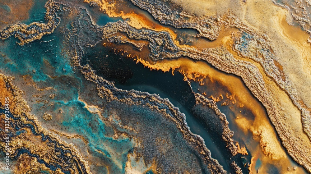 Poster abstract macro image of oil and water mixing, forming colorful shimmering patterns with intricate te