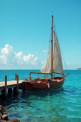 Fototapeta premium Vintage sailboat gently rocking at weathered dock, vibrant blue sea , picture, boat