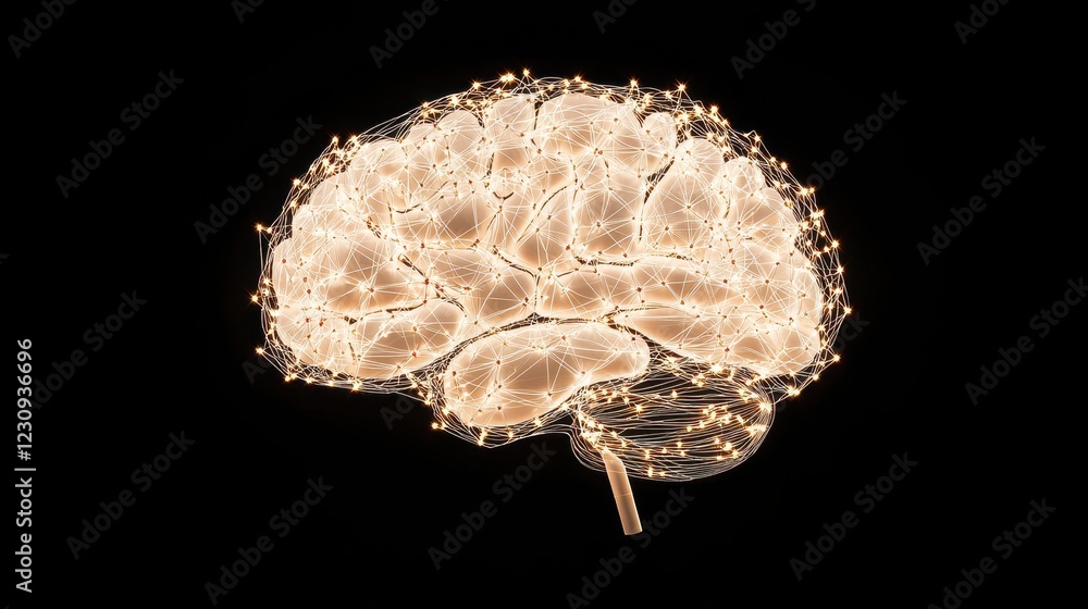 Poster a glowing, intricate representation of a human brain against a black background, emphasizing neural 