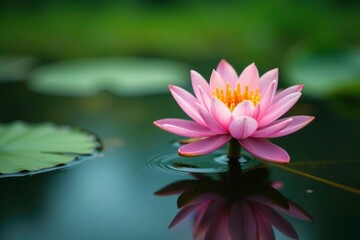 Yellow stamens of a lily rise from the surface of a quiet pond, greenery, pond