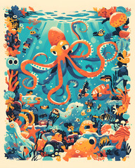 Obraz premium Verspielter Oktopus in bunter Unterwasserwelt – Cartoon-Kunst