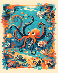 Obraz premium Farbenfroher Oktopus in lebendiger Unterwasserwelt – Illustration