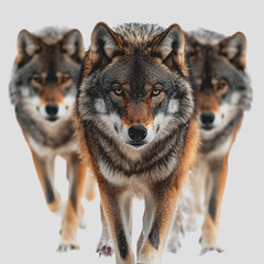 Fototapeta premium Three wolves walking across a snowy landscape in winter showcasing their natural behavior and environment