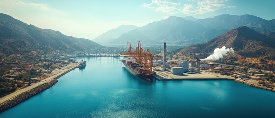 Fototapeta premium A panoramic view of a coastal industrial area with cranes, ships, and a serene waterway, surrounded by mountains under a clear blue sky.