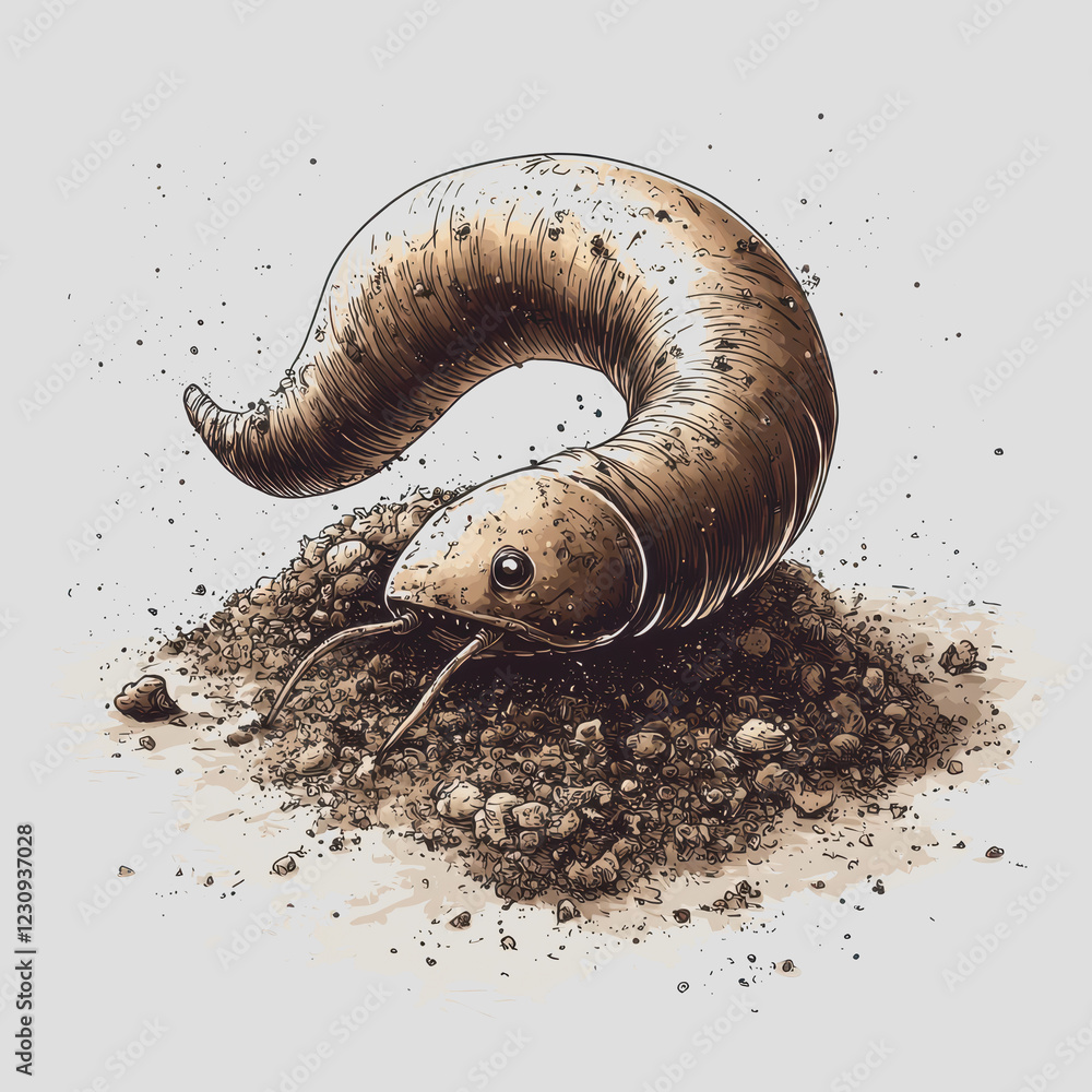 Poster drawing of a worm crawling through the soil with dirt and grass surrounding it in a natural environm