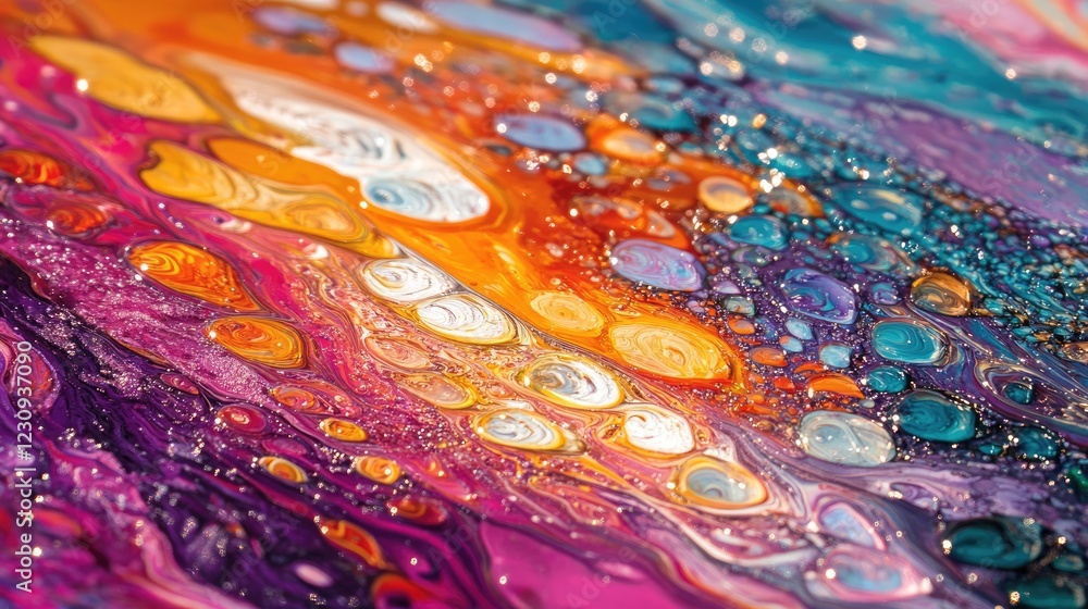 Poster close-up macro shot of oil droplets on water, creating dazzling colorful patterns and shimmering abs