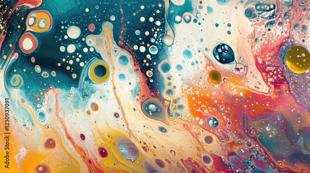 Poster close-up macro shot of oil droplets on water, creating dazzling colorful patterns and shimmering abs