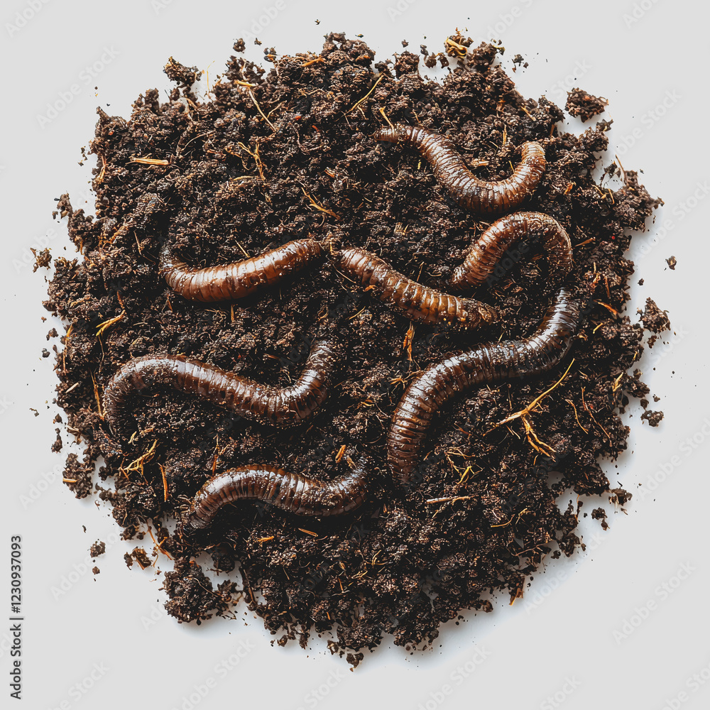 Poster a pile of earthworms on a surface showcasing their segmented bodies and natural coloration in a clos