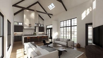 A modern open-plan living room and kitchen with high ceilings and large windows