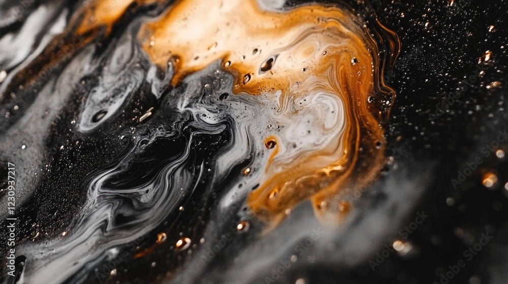Poster close-up of oil and water mixing, creating shimmering patterns with swirling colors and abstract des