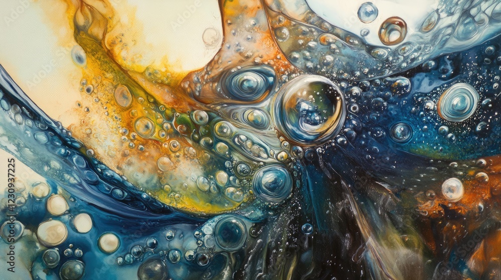 Poster close-up of oil and water mixing, creating shimmering patterns with swirling colors and abstract des