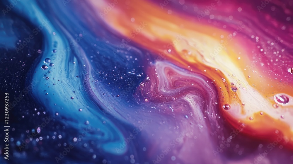 Poster close-up of oil and water mixing, creating shimmering patterns with swirling colors and abstract des