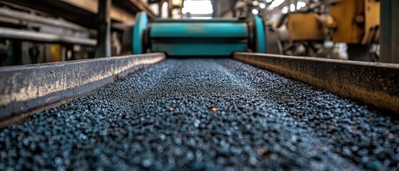 Fototapeta premium A close-up view of a conveyor belt transporting small gravel stones in an industrial setting, showcasing machinery and processing equipment.