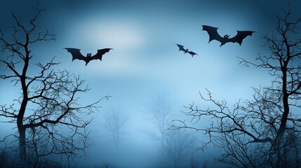 Fototapeta premium Bats fly in misty forest at night, Halloween background