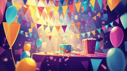 A digital artwork depicting animated birthday banners in a virtual celebration environment, Virtual birthday celebration scene, Animated style