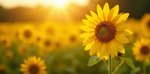 Fototapeta premium yellow sunflowers in the warm sunlight of a field, bright, tall