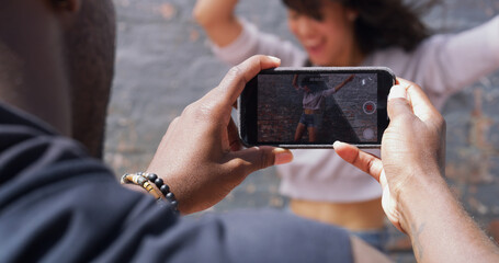 Phone screen, dancing and recording with couple, hands and capture moment with influencer. Live...
