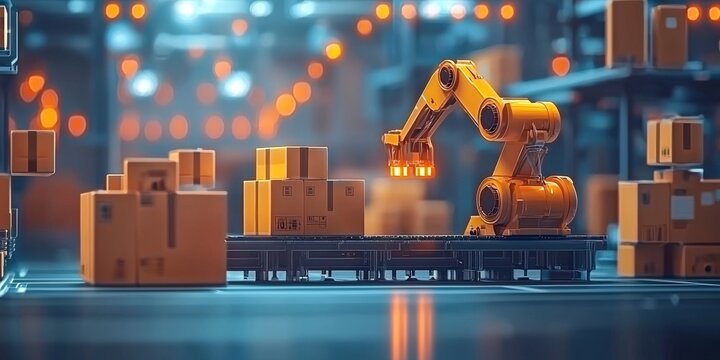 A robotic arm sorts and stacks packages in a modern warehouse illuminated by soft lighting, showcasing automation in logistics.
