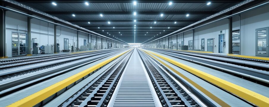 A modern industrial space with parallel railway tracks illuminated by overhead lights, creating a symmetrical and spacious perspective.