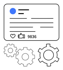 Fototapeta premium Social media post analytics with thumbs up and follower count. Includes heart, thumbs up icons, profile detail lines, and gears. Ideal for social media engagement, user interaction, digital