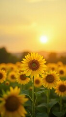 Obraz premium yellow sunflowers in the warm sunlight of a field, sunny, sunflowers, sunlight