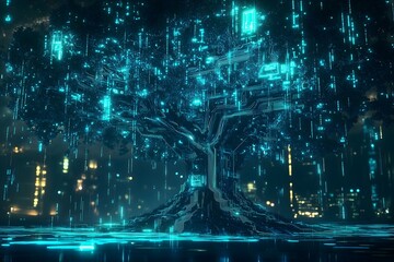 Futuristic Digital Tree of Life with Neon Glowing Circuitry - Abstract Concept Background of Technology, Growth, and Connection in a Cyberpunk Cityscape