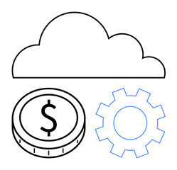 Cloud outline above a dollar coin and gear. Ideal for cloud storage, fintech concepts, automation, SaaS technologies, digital transformation, financial integration, abstract line flat metaphor