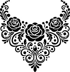 A symmetrical, black and white floral design featuring ornate roses and scrolling patterns.