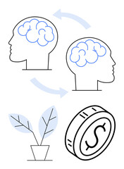 Profiles of heads with brain outlines in a cycle, potted plant, and coin. Ideal for personal growth, mindset, innovation, financial planning, success, strategy investment insights abstract line